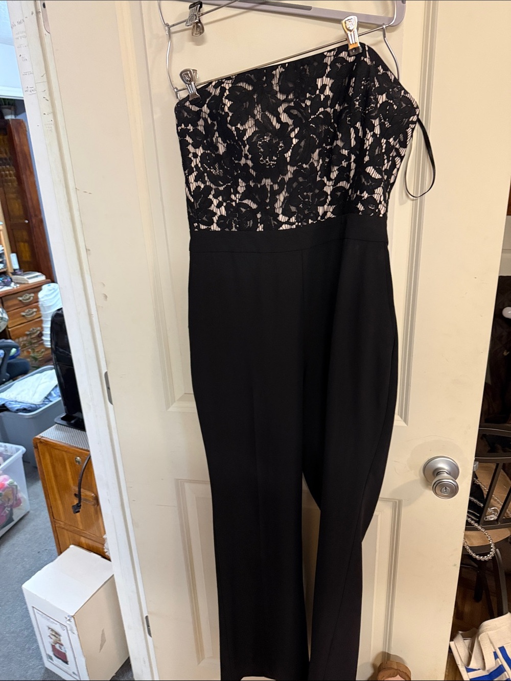 White House Black Market Black Strapless Lace Bodice Jumpsuit
